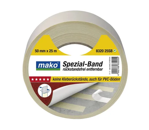 Mako Spezial - Verlegeband wieder aufnehmbar 50 mm x 25 m - Teppichklebeband für Teppichböden und PVC-Beläge, beidseitig selbstklebend und rückstandsfrei entfernbar – ideal für flexible Verlegelösungen.