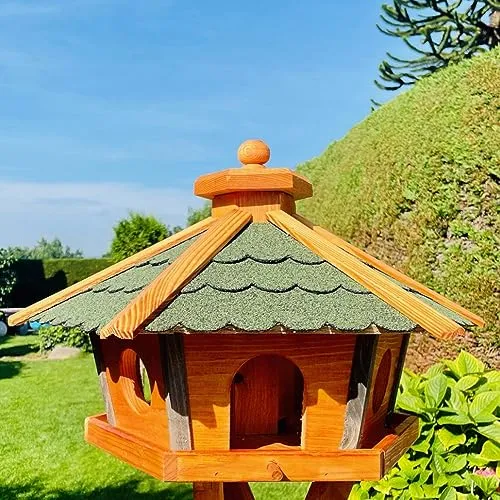 DARLUX Vogel Futter Haus L oder XL Sechseck Holz Vogelhaus Futterstelle Braun/Blau, Rot, Schwarz und Grün (XL ohne Ständer, Grün - Braun)