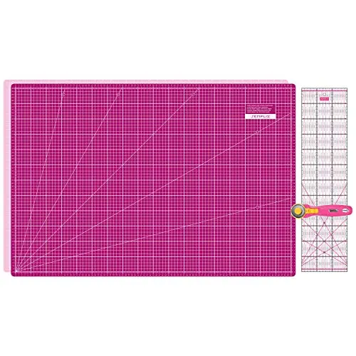 SEMPLIX Schneidematten Set - Schneideunterlage 90 x 60 cm (A1), Rollschneider Maxi 45 mm, Patchwork Lineal 60x15 cm (pink/Beere)