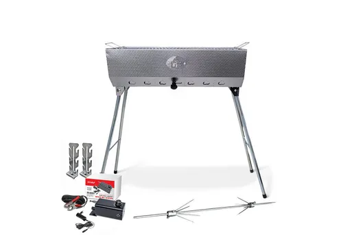 Grillpeter Mangal Taschkent Holzkohlegrill mit Drehspieß Motor - Multifunktionaler Holzkohlegrill mit großzügiger Grillfläche und praktischem Drehspieß. Ideal für Grillabende im Freien, gefertigt aus rostfreiem Edelstahl. Perfekt für bis zu 15 Spieße und einfach zu transportieren.