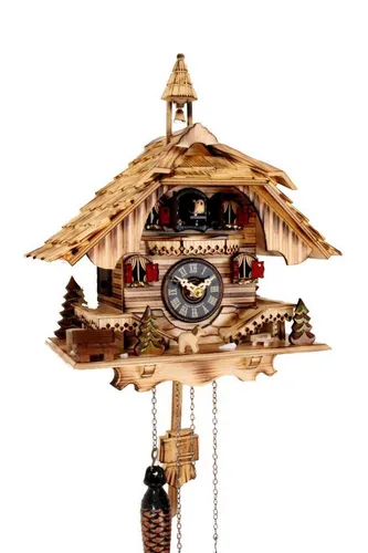 Clockvilla Hettich-Uhren Wanduhr - Handgearbeitete Schwarzwälder Kuckucksuhr mit Schindeldach - Wanduhren mit authentischem Schwarzwald-Design, Kuckuck ruft jede Stunde, Wasserfallgeräusch im Hintergrund, automatische Nachtabschaltung und batteriebetriebenes Quarzwerk.