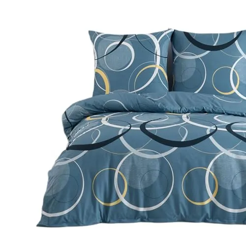 Buymax Bettwäsche Wave, 3-teiliges Bettgarnitur Set aus 100% Baumwolle - Bettwäsche-Sets in Petrol mit ansprechendem Kreis-Muster, inklusive Bettbezug (200x220 cm) und zwei Kissenbezügen, pflegeleicht und mit verdecktem Reißverschluss für einfachen Bezug.