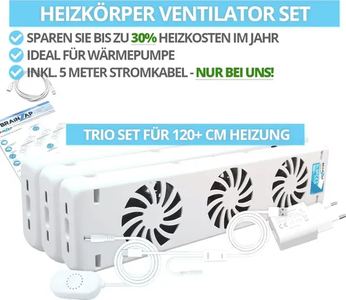 Heizkörper Ventilator Trio-Set - Radiator Fan für 120+ cm Heizkörper - Weiß - Optimieren Sie die Wärmeverteilung mit unserem Heizkörper Ventilator Trio-Set. Einfache Montage, leiser Betrieb und inklusive 3m Verlängerungskabel. Ideal für alle Heizkörpertypen!