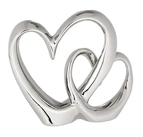 Spetebo Deko Herz Silber - 20x18x6 cm - Keramik Skulptur Doppelherz Tischdeko Dekofigur