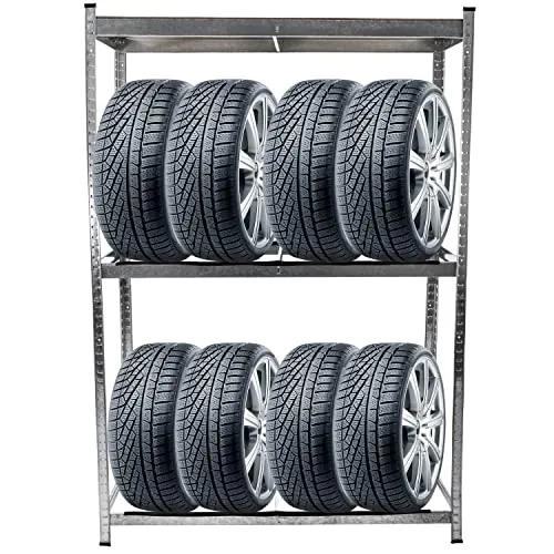 Reifenregal für 8 Reifen - Schwerlastregal mit Kantenschutz - Reifenständer für 8 Reifen, stabil und platzsparend, ideal für Garage oder Werkstatt. Mit zusätzlicher Ablage-Ebene aus MDF für Kleinteile, max. 200 kg pro Ebene.