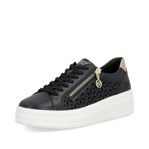 REMONTE Plateausneaker für Damen, Gr. 41, schwarz-gold - Stylische Plateausneaker mit Perforation und seitlichem Reißverschluss. Bequeme Soft-Einlage und leichte PU-Sohle für ein angenehmes Tragegefühl.