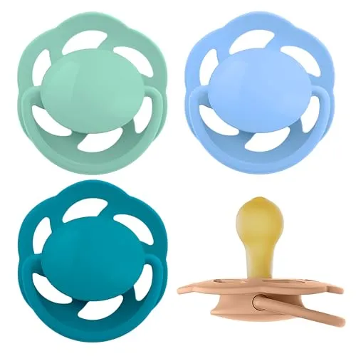 nip Cherry Schnuller 0-6 Monate 4er Pack Kirschform Latex stillfreundlich | kiefergerecht zahnfreundlich hautfreundlich natürlicher Rundsauger Naturkautschuk Made in Germany Größe 1 grün/hellblau