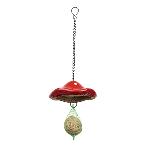 Meisenknödelhalter Fliegenpilz aus Keramik - Futterstation für Wildvögel mit 14 cm Durchmesser, ideal für 500-Gramm-Meisenknödel. Hochwertige glasiertes Keramikdesign in Fliegenpilz-Optik, das Regenwasser abperlen lässt und Vögel anlockt.