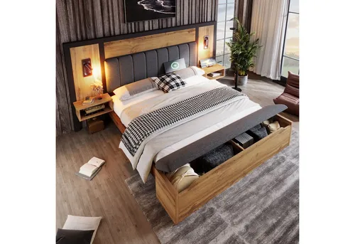 Flieks Holzbett, Doppelbett 180×200cm mit Leselampe, Nachttisch mit Aufladen, Sitzbank