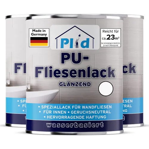 Fliesenlack 2,25L Weiß glänzend - Schnelltrocknend für Küche und Bad - Lack für Wandfliesen, 2,25L für ca. 23m², schnelltrocknend und schimmelbeständig, ideal für feuchte Räume.