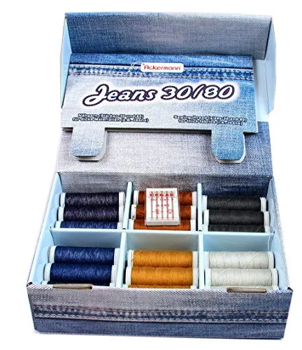 Ackermann? N?hfaden-Set Jeans 30/80 mit 36x Rollen N?hgarn und 5X Organ Jeans - N?hnadeln, beides speziell zum N?hen von Jeans-Stoffen und dicken Materialien.