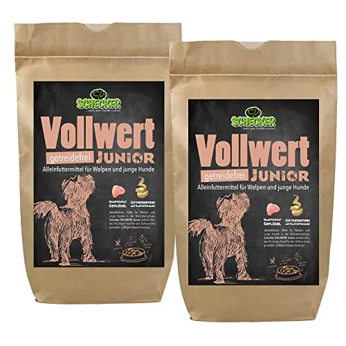 Schecker Trockenfutter mit Geflügel - VOLLWERT Junior für Welpen - Getreidefreies Hundefutter für gesunde Welpen, 2 x 6 kg Packung für optimale Ernährung und Wachstum.