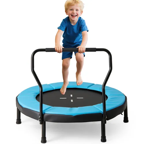 COSTWAY Ø102cm Kinder Trampolin mit Abnehmbarer Haltegriff - Ideal für Kinder von 3-6 Jahren, bietet unser 102 cm großes Trampolin eine sichere und spaßige Möglichkeit, aktiv zu sein. Der abnehmbare Haltegriff unterstützt beim Balancieren und sorgt für endlosen Sprungspaß im Garten oder Zuhause.
