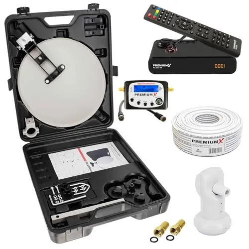 PremiumX Camping SAT Anlage mit HD Receiver und Satelliten-Finder - SAT-Antennen für ungestörten TV-Genuss beim Camping. Handlicher Koffer mit platzsparendem Design und einfachem Aufbau, ideal für Reisen und Outdoor-Abenteuer.