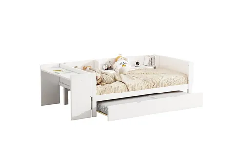 REDOM Kinderbett Daybett Tagesbett Schlafsofa Flachbett, mit Schreibtisch (drei Regale an der Seite des Bettes 90x200cm& 90x180 cm, mit ausziehbarem Bett), ohne Matratze