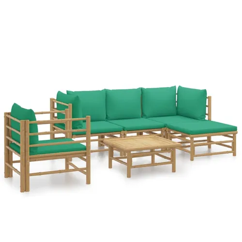 vidaXL 6-tlg. Garten-Lounge-Set mit Grünen Kissen - Elegantes Garten-Lounge-Set aus Bambus, ideal für entspannte Stunden im Freien. Mit bequemen, dick gepolsterten Kissen und einem praktischen Tisch für Speisen und Getränke.
