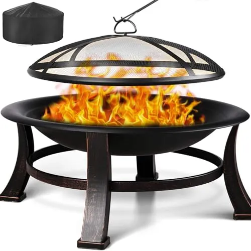 TLGREEN Feuerkorb mit funkenschutz, Φ76cm Feuerschale mit grillrost, Retro-Look Feuerstelle, Feuerschalen für den Garten, BBQ Feuerschale Grill, Stabil und Funktional, Schwarz, Groß