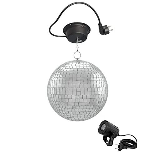 SATISFIRE Discolicht Spiegelkugel Komplettset 20cm - Disco-Lichter: Komplettset mit 20cm Spiegelkugel, Motor und kaltweißem LED Pinspot für sofortige Einsatzbereitschaft und stimmungsvolle Lichtakzente.