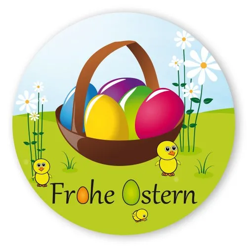 Oster-Aufkleber Ostern-Sticker rund Ø 30mm selbstklebende PE-Folie, 100 Stück auf Rolle Frohe Ostern mit Osterkorb