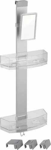 WENKO Duschcaddy Premium mit Antibeschlagspiegel - Badezimmerablagen & -regale: Praktisches Duschregal aus Aluminium mit 2 Ablagen, Haken und Antibeschlagspiegel für besten Komfort und Ordnung im Bad.