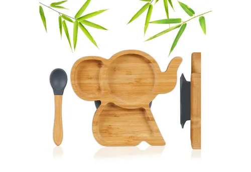 relaxdays Kindergeschirr-Set Kinderteller Bambus mit Löffel (2-tlg), 1 Personen, Bambus, grau