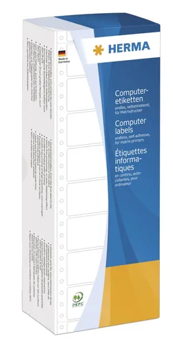 Herma Endlosetiketten 8211 - 1-bahnig, 4000 Stück - Computeretiketten, selbstklebend in weiß, mit präzisem Führungslochrand und hervorragender Haftung – ideal für Nadeldrucker und umweltfreundlich hergestellt.