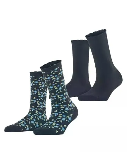 ESPRIT Damen Socken Flower Meadow 2-Pack W So Baumwolle gemustert 2 Paar, Blau Marine 6120, 39-42