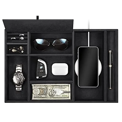SITHON Taschenleerer Tisch Organizer, 8 Fächer Tablett Ablage Aufbewahrungsbox Kunstleder Nachttisch Kosmetiktablett Münzbox Schlüssel Schmuck Organizer, Schwarz