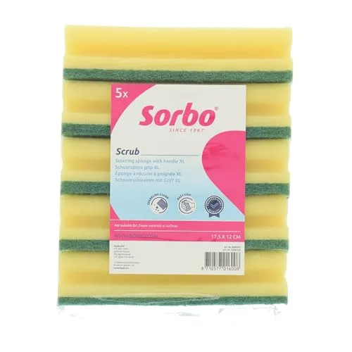 Sorbo Jumbo Scheuerschwämme mit Handgriff 5er Set – extra groß 17,5 x 10,5 x 5 cm – grüne Scheuerseite und Viskose – hochsaugfähig, auswaschbar – Reinigungsschwamm für Küche und Haushalt