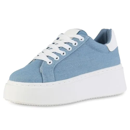 VAN HILL Damen Plateau Sneaker mit Keilabsatz - Damen-Sneaker in trendigem hellblauem Denim, bieten Komfort und Stil für jeden Anlass.