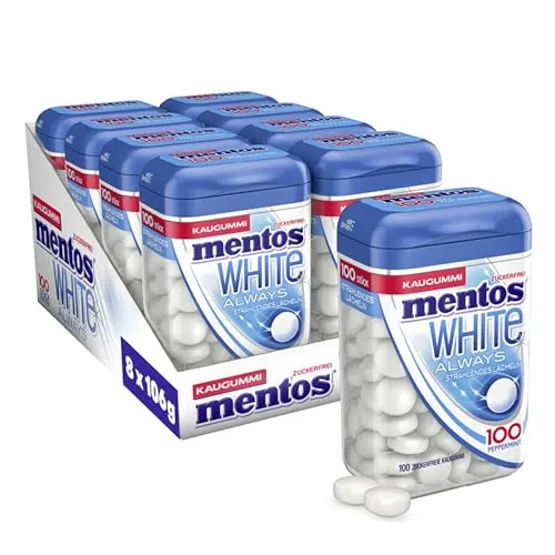 Mentos Kaugummi Always White, 8 XL-Dosen zuckerfrei in weiß von MENTOS