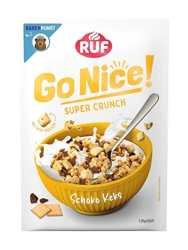 RUF GoNice! Super Crunch Schoko & Keks Müsli, Granola mit Mini-Butterkekse, Vollmilchschokolade und Schokocrisps, 50 g Portionsbeutel