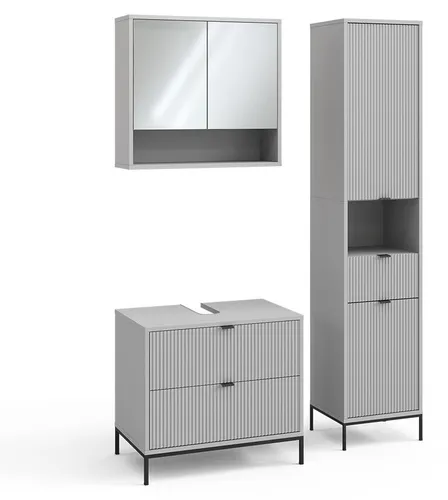 Vicco Badmöbel-Set Eliza, Grau, 3 Teile - Elegantes Badmöbel-Set für stilvolle Aufbewahrung. Der Spiegelschrank setzt Ihre besten Seiten in Szene, während der Hochschrank für Ordnung sorgt. Perfekt für ein Badezimmer, das Ästhetik und Komfort vereint.