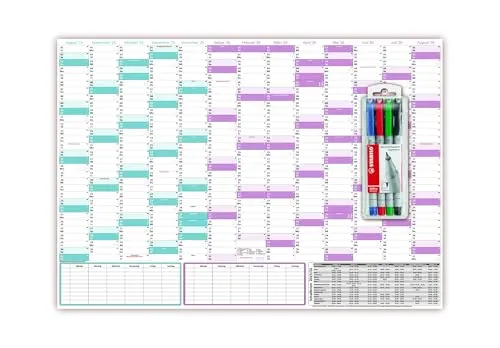 Schuljahreskalender 2025/2026 DIN B1 (700 x 1000mm) nass abwischbar matt inkl. Stifteset - gerollt - August 2025 bis August 2026, 13 Monate - Wandkalender Schulkalender