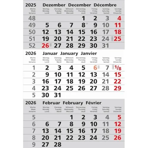 GÜSS Ersatzkalendarium für Edelstahlkalender 2026 - Dreimonatstischkalender mit 3 sichtbaren Monatsblöcken, Sonn- und Feiertagen in Rot hervorgehoben, ideal für eine übersichtliche Planung.