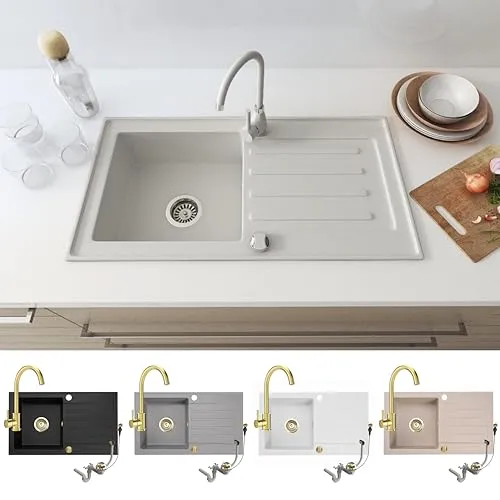 Granitspüle Küchenspüle 76x44 cm mit Siphon und Armatur Gold - Sanitäranlagen & Zubehör, reversibles und langlebiges Granitspülbecken in elegantem Weiß, hitzebeständig bis 280°C und kratzfest – ideal für moderne und traditionelle Küchen.
