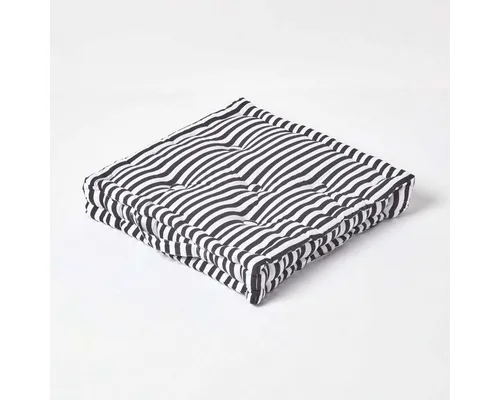 Homescapes Bodenkissen Sitzkissen Schmale Streifen Schwarz 40 x 40 x 10 cm - Kissen – Wunderschönes Boxkissen aus 100% Baumwolle, bequem und praktisch mit Tragegriff. Ideal als Bodenkissen oder Stuhlauflage, bringt es Farbe und Komfort in Ihr Zuhause.