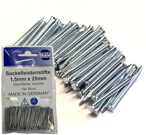TECK Stahlnägel Sockelleistenstifte Ø1,5mm x 20mm verzinkt - 100 Stück | Extra stabil für Mauerwerk & Sockelleisten | Made in Germany