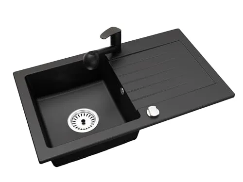 Faizee Granitspüle 75 x 44 cm Nachtschwarz – inklusive Armatur Daga in Schwarz – eckige Einbauspüle aus Granit – beidseitig montierbar, kratzfest, hitzebeständig – modernes Spülbecken