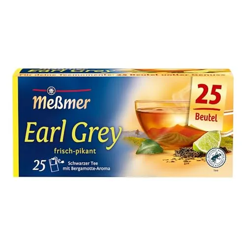 Meßmer Earl Grey Tee – frisch-pikant, 25 Teebeutel - Teesorte mit aromatischem Bergamotte-Öl, vegan und glutenfrei. Genießen Sie einen frisch-pikanten Moment mit hochwertigem Schwarztee, unterstützt durch Rainforest Alliance für nachhaltigen Anbau.