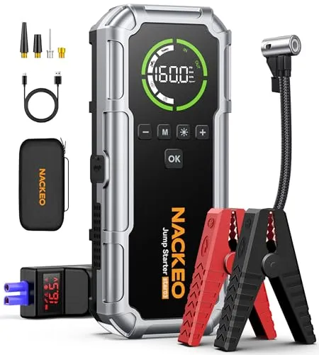 8000A Starthilfe Powerbank mit Kompressor 160PSI, 12V Auto Starthilfe Powerbank für alle Benzin und 12L Diesel, 20000mAh Starthilfegerät mit Starthilfekabel, 600 Lumen LED-Licht und LCD-Bildschirm