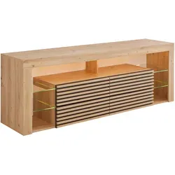 Lowboard Goal 2.0 Eiche Artisan - Modernes TV-Lowboard in Eiche Artisan mit integrierter Beleuchtung und 4 Glasböden für stilvolle Präsentation und praktischen Stauraum.