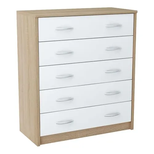 Home Collective Kommode mit 5 Schubladen in Matte Kommode 74cm breit Holz Schrank Kommode mit Schubladen Sideboard Highboard Anrichte Schlafzimmer Wohnzimmer Flur Büro Organizer Sonoma weiß
