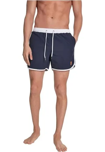 Urban Classics Herren Retro Swimshorts – Schnelltrocknende Badeshorts aus Polyester mit Kordelzug, elastischem Bund & Retro Design, ideal für Strand, Pool & Urlaub,Navy/White,XXL
