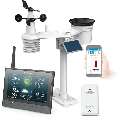 Bresser Wetterstation Funk mit Außensensor - 7-in-1 Solar-Wetter-Center, HD-TFT-Display mit umfassenden Wetterdaten und WLAN-Funktion