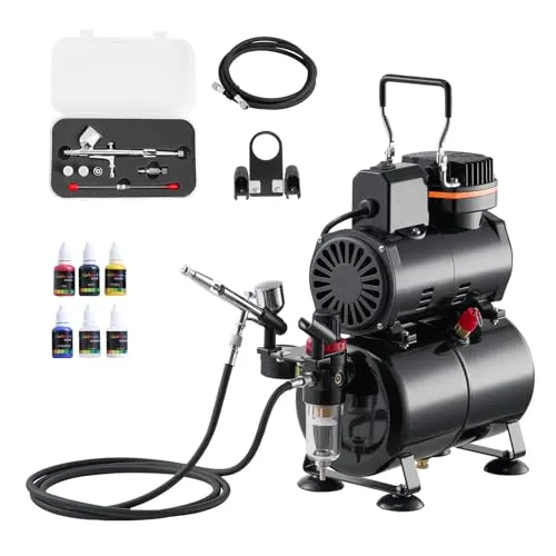 VEVOR Airbrush Set mit Kompressor und Dual Action Pistole - Komplettes VEVOR Airbrush Set mit 1/6 PS Kompressor, 3 Düsen (0,2/0,3/0,5 mm) und praktischen Zubehör. Ideal für kreative Projekte wie Kuchendekoration und Modellmalerei. Geräuscharmer Betrieb für angenehmes Arbeiten.