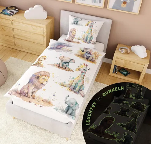 Glow in the Dark Bettwäsche für Kinder 135x200 - Bettwäsche mit Tiermotiven, die im Dunkeln leuchtet und 10 spannende Spiele auf der Rückseite bietet. Ideal für ein harmonisches Kinderzimmer!