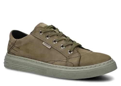 nagaba - Sneaker Herren - Halbschuhe Herren - Echtleder - Flache Schuhe, Sportschuhe, Bequeme Schnürschuhe, für Herbst, Frühling - Lederschuhe für Männer, Jungs - Modell 412 - Khaki - 46