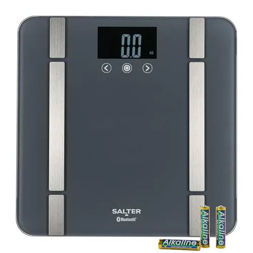 Salter SA00432GFEU6 Smart Scale für Badezimmer – Bluetooth Scale, 200 kg, Gewicht, Fett/Wasser, Muskel-/Knochenmasse, BMI/BMR, 8 Benutzerspeicher, Verbindung zum Telefon mit Salter Health App, Grau