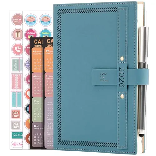 Terminkalender 2026 A5 Seite pro Tag Ganzjahresplaner, Terminkalender 2026 von Jan 2026 bis Dezember 2026, Tagesmonatsplaner mit Kalender, Stift, Stifthalter, Monatsregister, Innentasche (Blau)